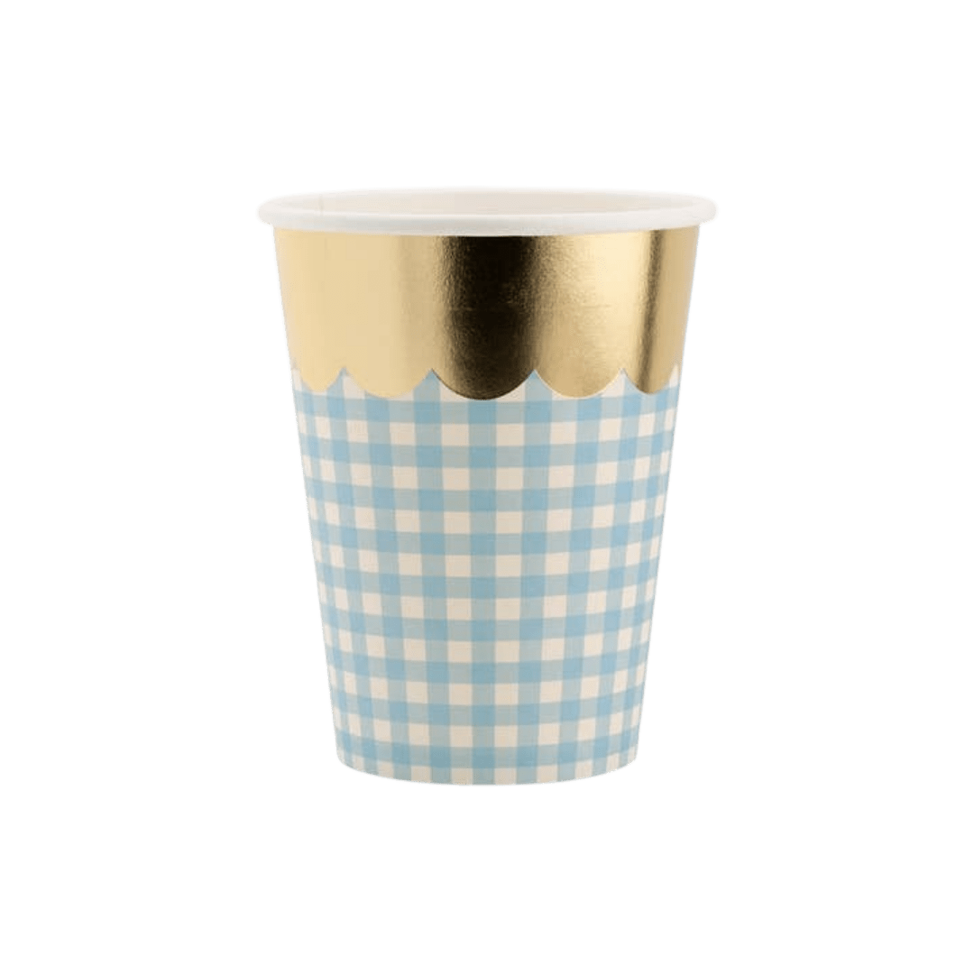 Blue gingham paper cup with gold scallop rim birthday from Parte Haus party supply store in Bethesda Maryland