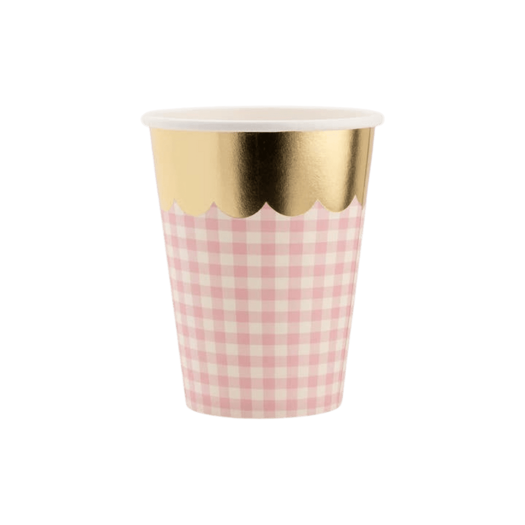 Pink and gold paper cup with gingham pattern for birthday from Parte Haus party supply store in Bethesda MD