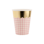 Pink and gold paper cup with gingham pattern for birthday from Parte Haus party supply store in Bethesda MD