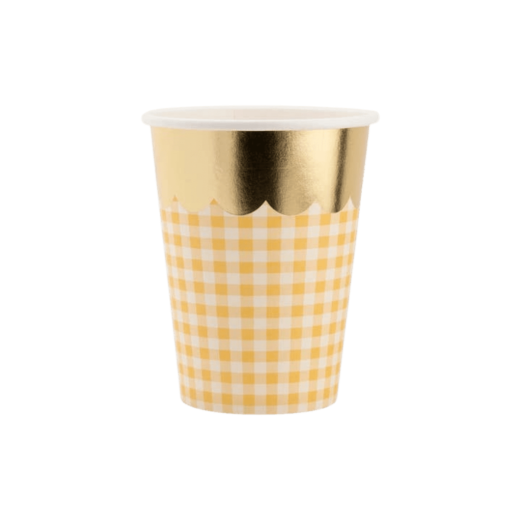 Yellow checkered paper cup with gold rim spring picnic theme from Parte Haus party supply store in Bethesda MD
