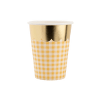 Yellow checkered paper cup with gold rim spring picnic theme from Parte Haus party supply store in Bethesda MD