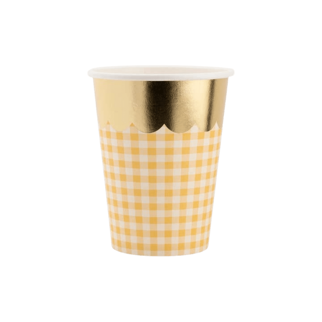 Yellow checkered paper cup with gold rim spring picnic theme from Parte Haus party supply store in Bethesda MD