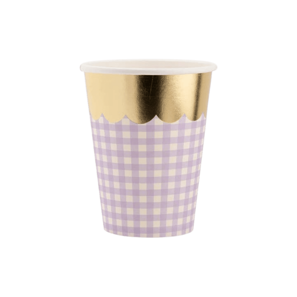 Lavender gingham paper cup with gold foil trim for birthday from Parte Haus party supply store in Bethesda MD.