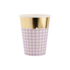 Lavender gingham paper cup with gold foil trim for birthday from Parte Haus party supply store in Bethesda MD.
