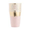 Pink gingham and gold paper cups with scalloped edge baby shower decor from Parte Haus party supply store in Bethesda MD
