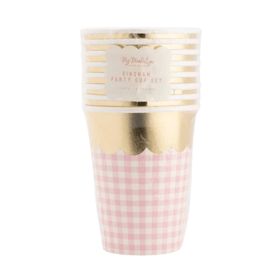 Pink gingham and gold paper cups with scalloped edge baby shower decor from Parte Haus party supply store in Bethesda MD