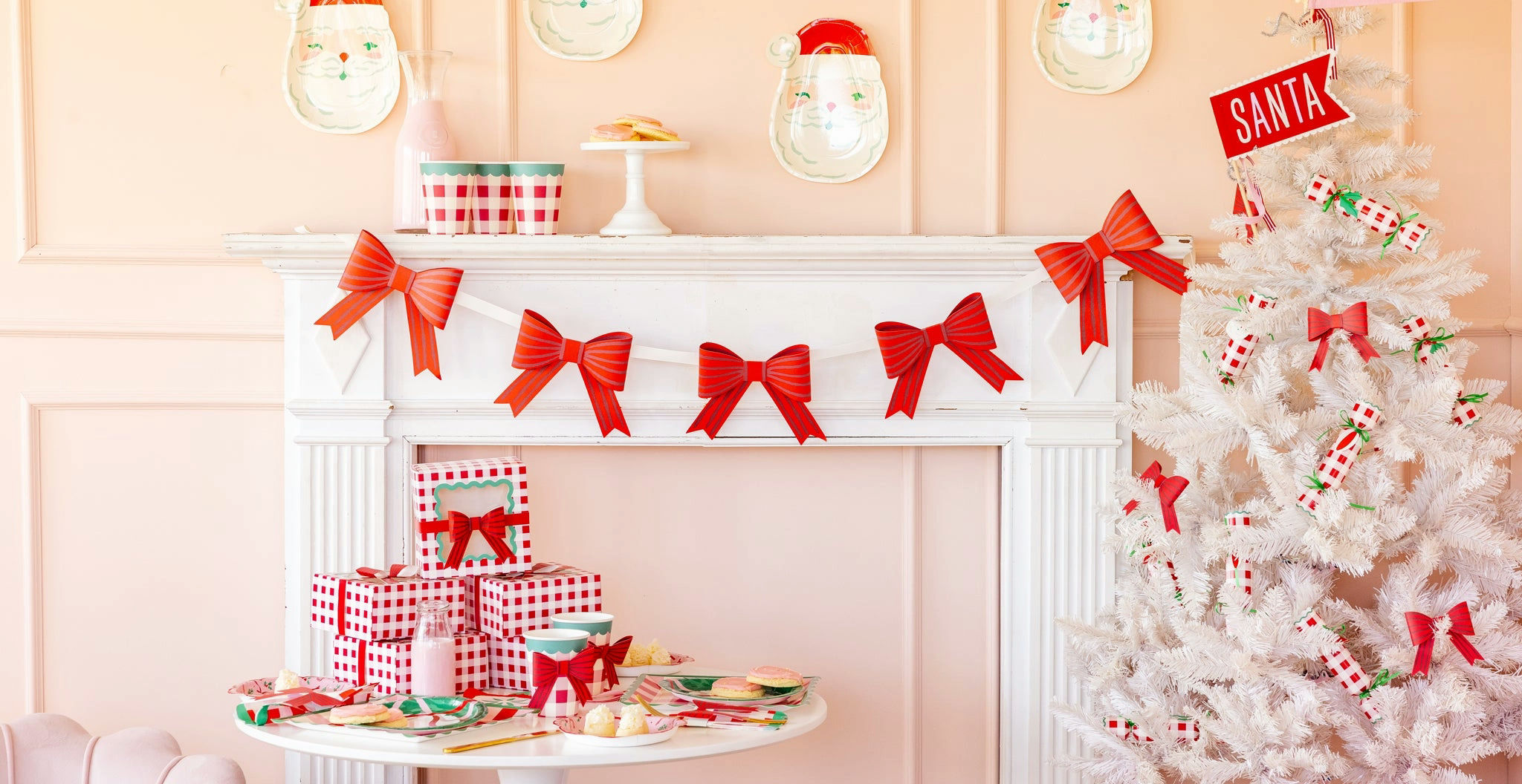 Red Christmas Striped Bow Banner