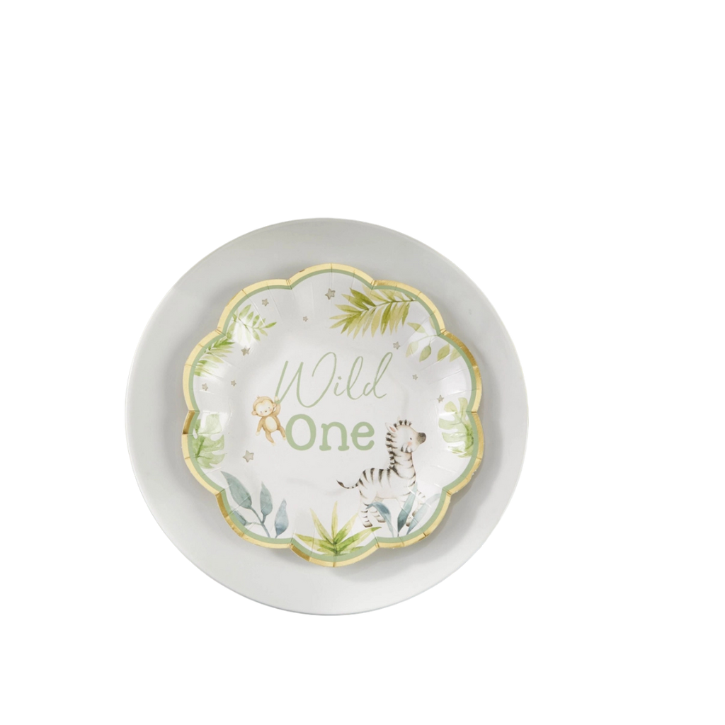 Green and white safari themed paper plate with wild one zebra and leaves birthday from Parte Haus party supply store in Bethesda Maryland