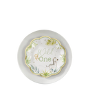 Green and white safari themed paper plate with wild one zebra and leaves birthday from Parte Haus party supply store in Bethesda Maryland