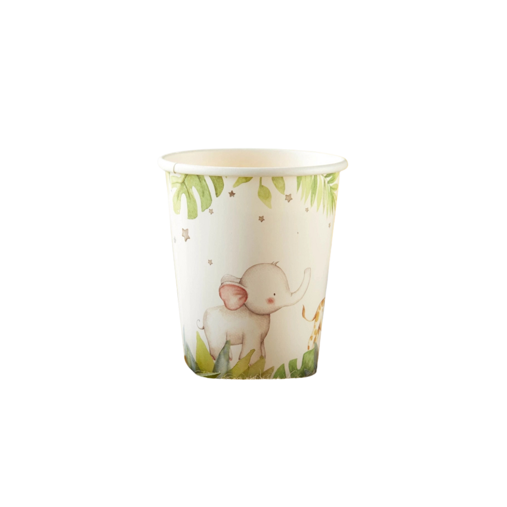 White safari baby paper cup with elephant and jungle leaves baby shower theme from Parte Haus party supply store in Bethesda MD