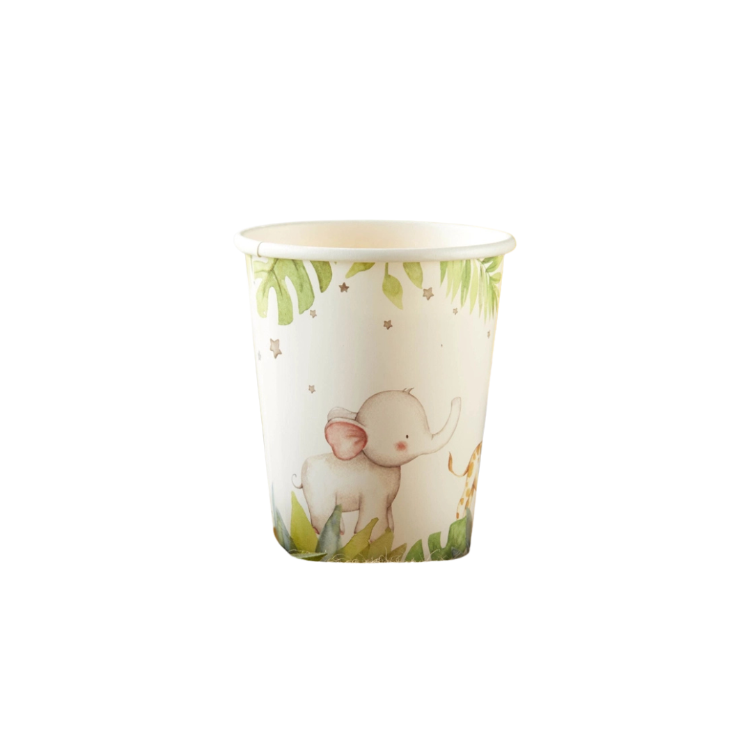 White safari baby paper cup with elephant and jungle leaves baby shower theme from Parte Haus party supply store in Bethesda MD