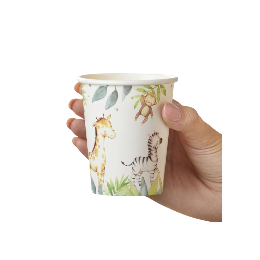 White safari animal paper cup with giraffe zebra and monkey baby shower theme from Parte Haus party supply store in Bethesda MD