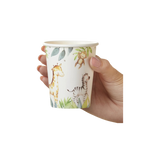 White safari animal paper cup with giraffe zebra and monkey baby shower theme from Parte Haus party supply store in Bethesda MD