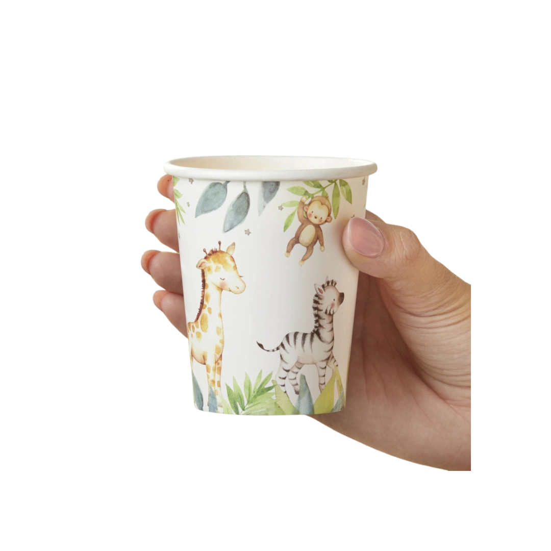 White safari animal paper cup with giraffe zebra and monkey baby shower theme from Parte Haus party supply store in Bethesda MD