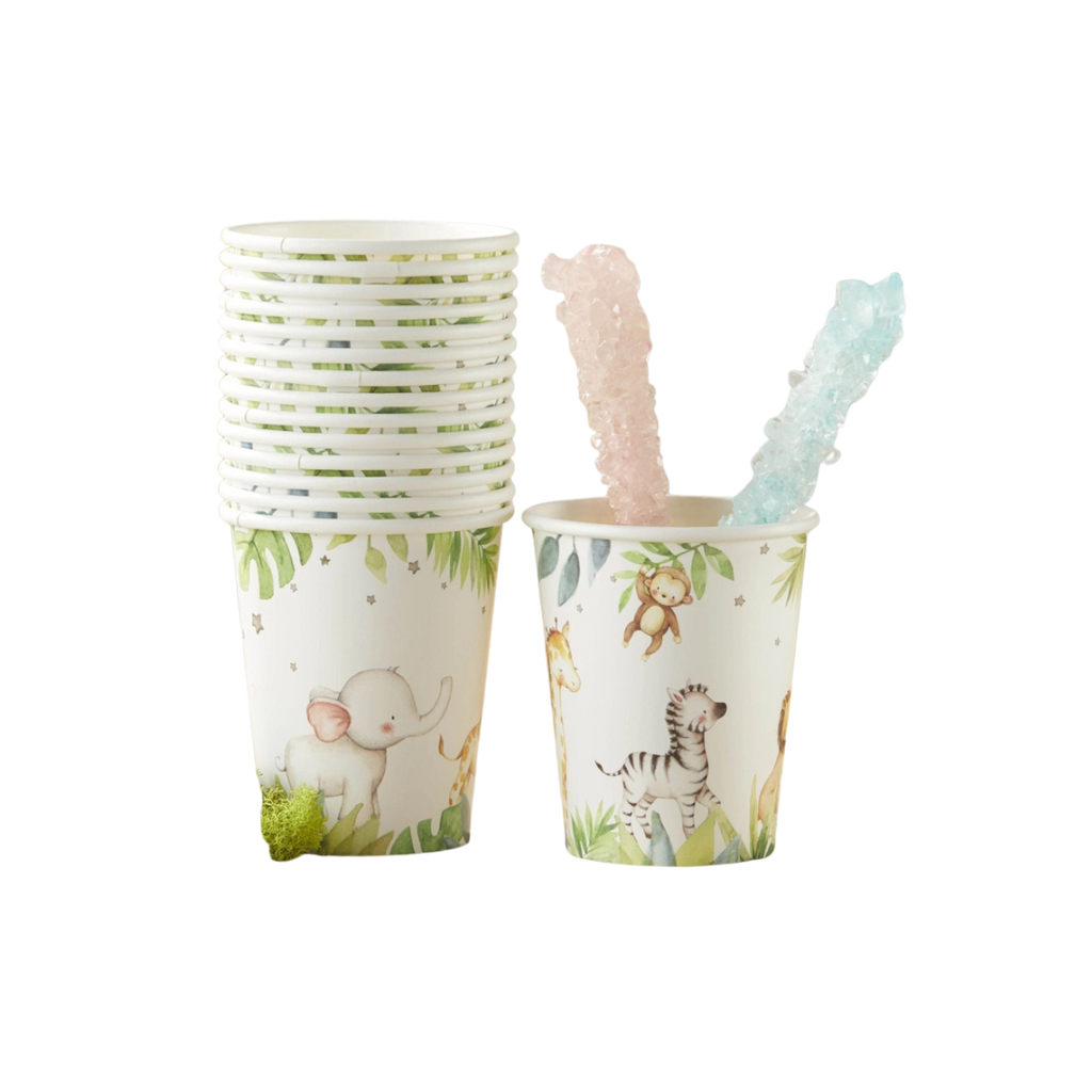 Safari animal paper cups with elephant zebra and monkey design for baby shower from Parte Haus party supply store in Bethesda MD