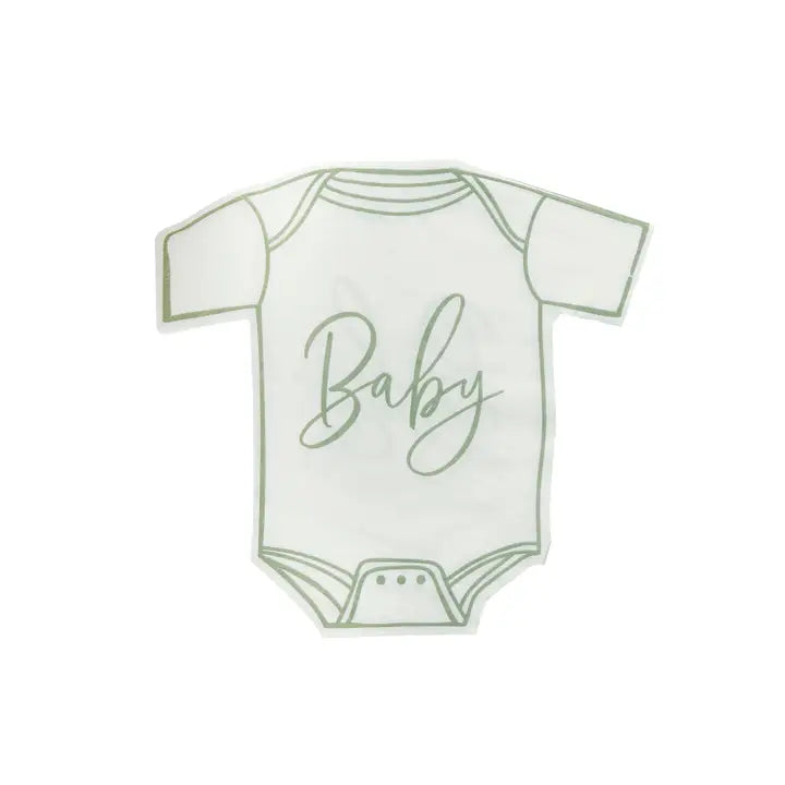 sage babygrow paper napkins shaped like a baby bodysuit for baby shower from Parte Haus party supply store in Bethesda MD