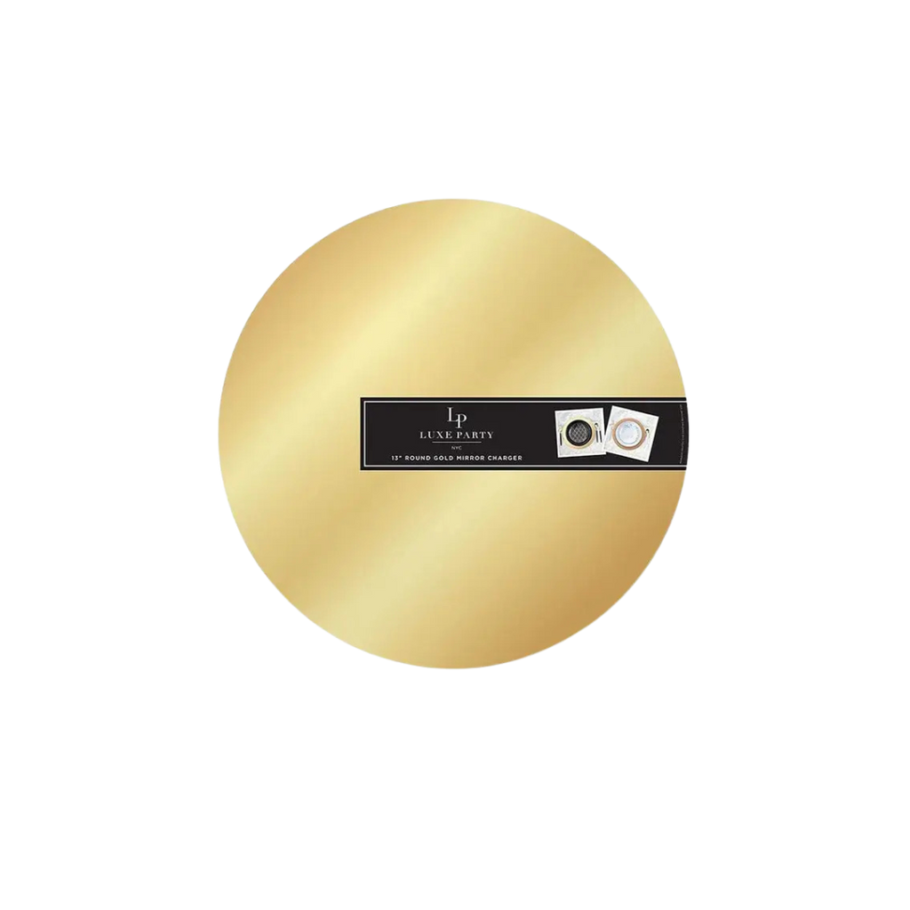 Gold charger plate with a shiny finish for celebrations from Parte Haus party supply store in Bethesda Maryland