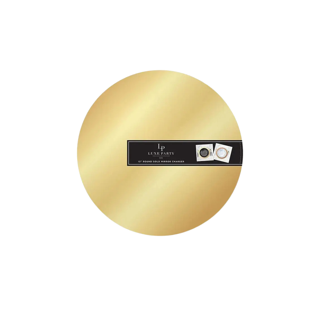 Gold charger plate with a shiny finish for celebrations from Parte Haus party supply store in Bethesda Maryland