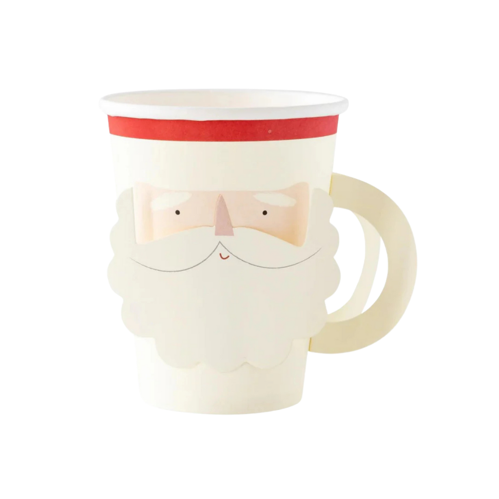 White and red Santa face paper cup with handle Christmas theme from Parte Haus party supply store in Bethesda MD