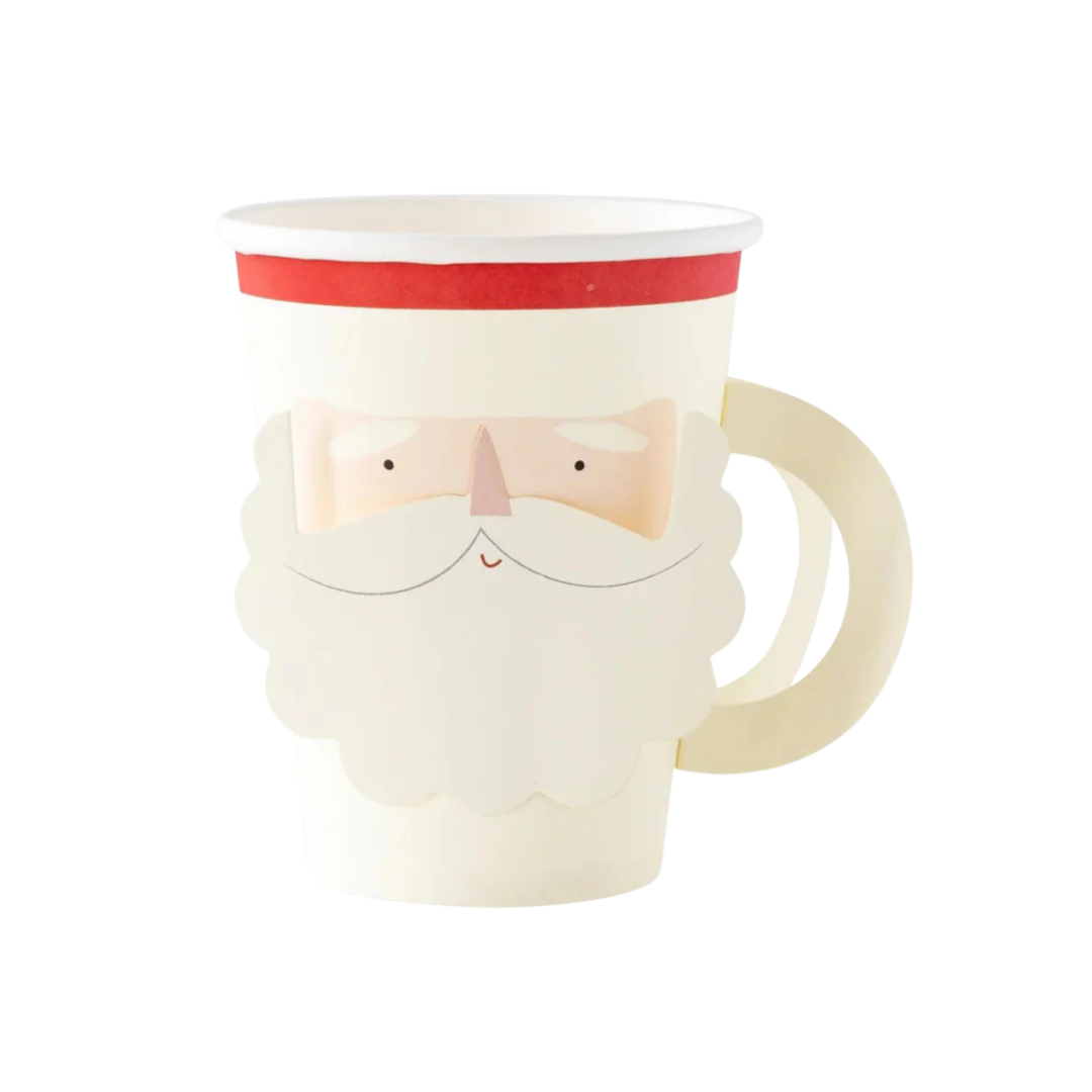 White and red Santa face paper cup with handle Christmas theme from Parte Haus party supply store in Bethesda MD