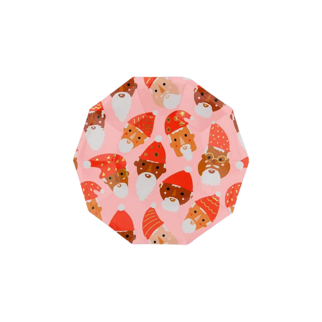 Pink Christmas small plate with Santa faces holiday design from Parte Haus party supply store in Bethesda MD