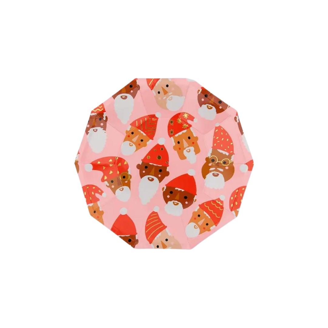Pink Christmas small plate with Santa faces holiday design from Parte Haus party supply store in Bethesda MD