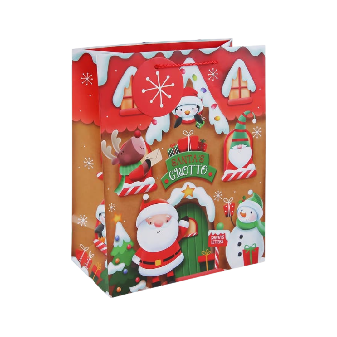 Red and brown Santa's Grotto gift bag with Christmas characters from Parte Haus party supply store in Bethesda MD