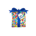 Colorful painterly dots present shaped foil balloon with blue bow happy birthday from Parte Haus party supply store in Bethesda Maryland