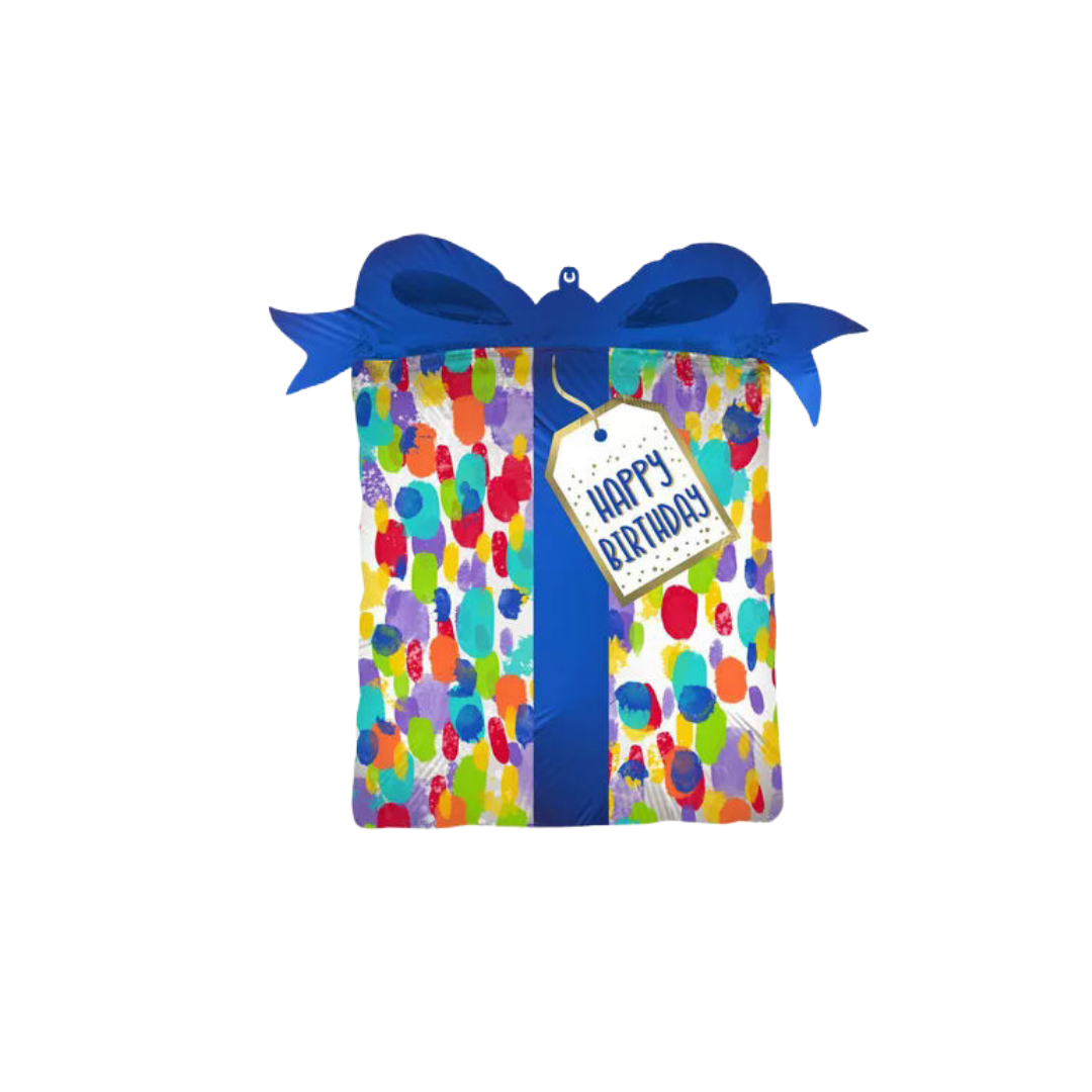 Colorful painterly dots present shaped foil balloon with blue bow happy birthday from Parte Haus party supply store in Bethesda Maryland