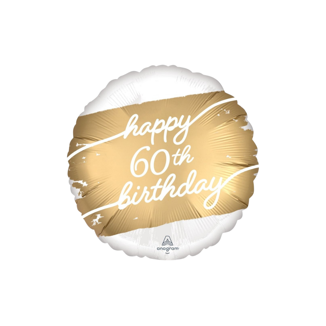 gold and white foil balloon with happy 60th birthday text milestone birthday from Parte Haus party supply store in Bethesda Maryland