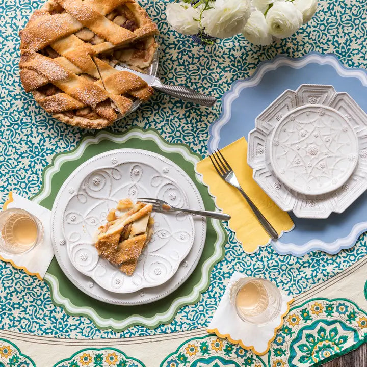 White and yellow scallop cocktail napkins elegant table decor brunch from Parte Haus party supply store in Bethesda MD