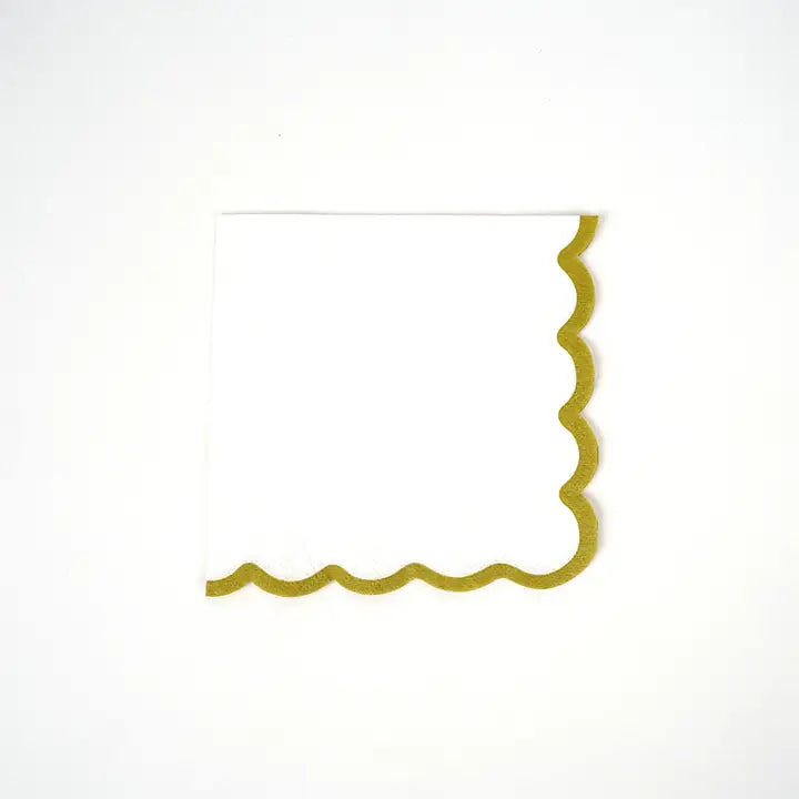 White and gold scallop cocktail napkin with wavy edge for celebrations from Parte Haus party supply store in Bethesda MD.