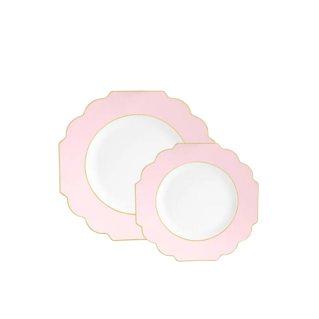 Blush gold plastic plates with scalloped edges elegant dinnerware from Parte Haus party supply store in Bethesda Maryland