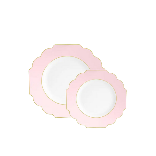 Blush gold plastic plates with scalloped edges elegant dinnerware from Parte Haus party supply store in Bethesda Maryland
