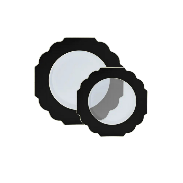 Clear Black Scalloped Gold Rimmed Plastic Plates
