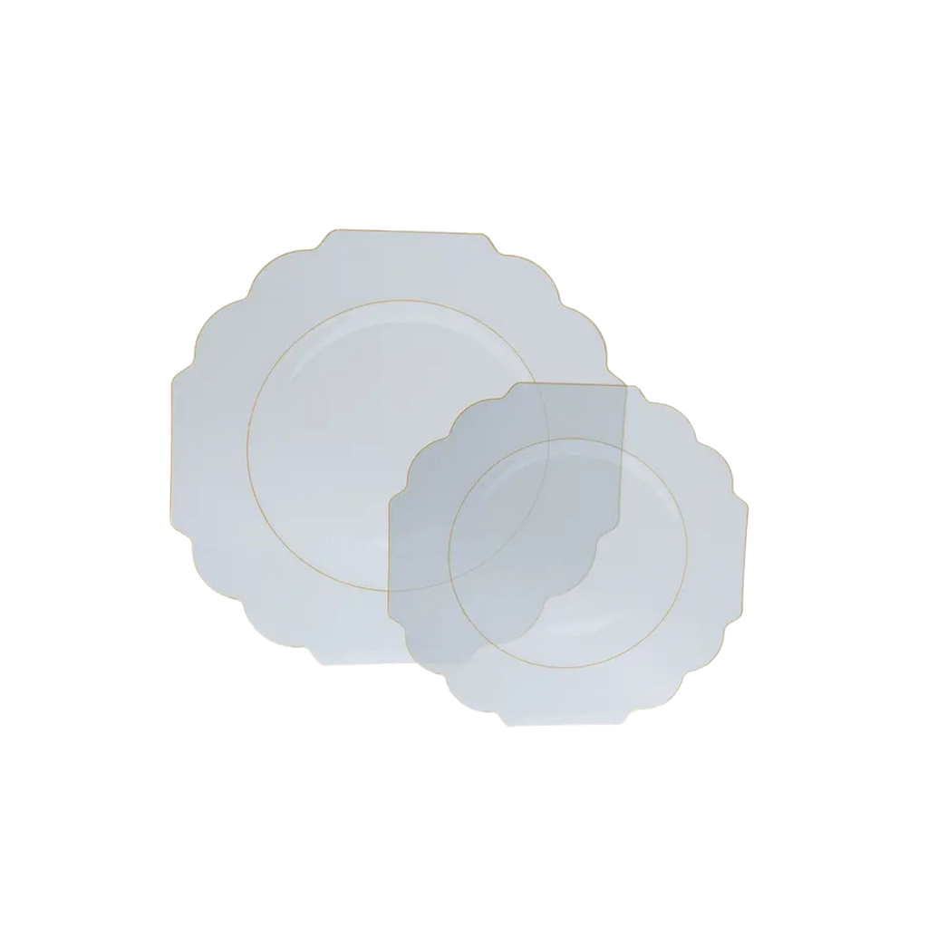 Clear gold scalloped plastic plates with elegant trim for dinner events from Parte Haus party supply store in Bethesda Maryland