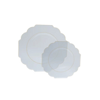 Clear gold scalloped plastic plates with elegant trim for dinner events from Parte Haus party supply store in Bethesda Maryland
