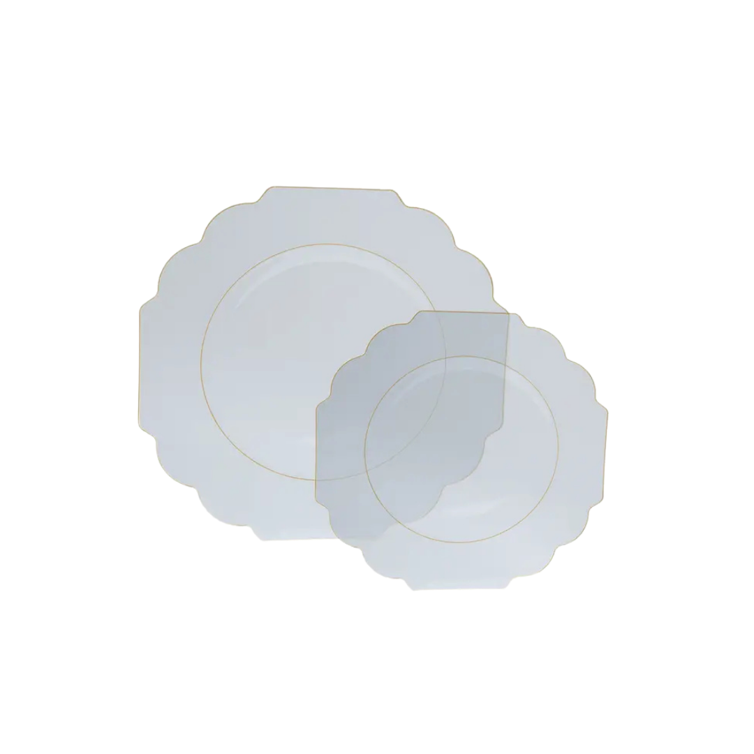 Clear gold scalloped plastic plates with elegant trim for dinner events from Parte Haus party supply store in Bethesda Maryland