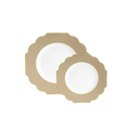 Gold scalloped plastic plates with white centers elegant dinnerware for celebrations from Parte Haus party supply store in Bethesda Maryland