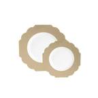 Gold scalloped plastic plates with white centers elegant dinnerware for celebrations from Parte Haus party supply store in Bethesda Maryland