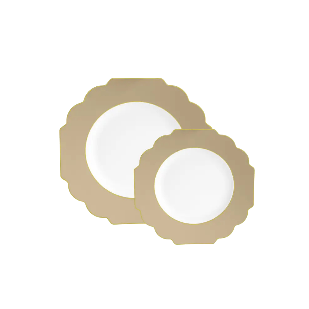 Gold scalloped plastic plates with white centers elegant dinnerware for celebrations from Parte Haus party supply store in Bethesda Maryland