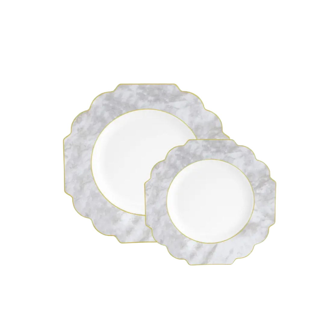 Marble gold scalloped plastic plates elegant tableware from Parte Haus party supply store in Bethesda MD