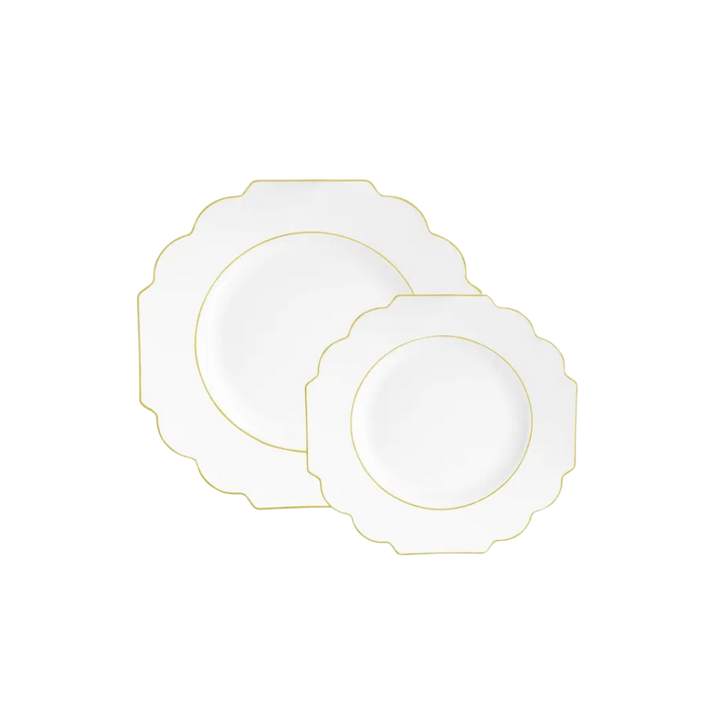 White gold plastic scalloped plates elegant dinnerware for celebrations from Parte Haus party supply store in Bethesda Maryland