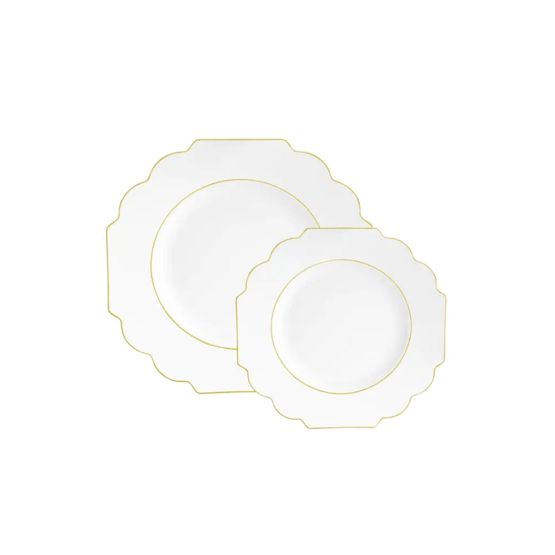 White gold plastic scalloped plates elegant dinnerware for celebrations from Parte Haus party supply store in Bethesda Maryland
