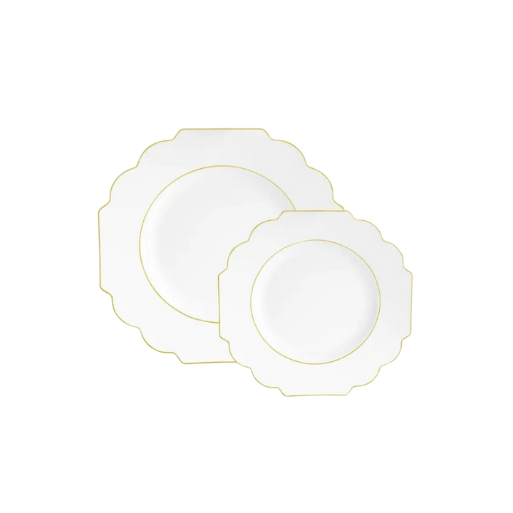 White Scalloped Gold Rimmed Plastic Plates - 2 Sizes