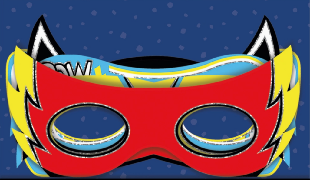 Red yellow and blue superhero mask with lightning design for birthday from Parte Haus party supply store in Bethesda MD