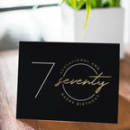 Black gold birthday card with seventieth birthday design for milestone party from Parte Haus party supply store in Bethesda Maryland