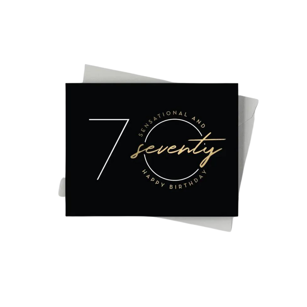 Black gold birthday card with seventy elegant design for 70th birthday from Parte Haus party supply store in Bethesda Maryland