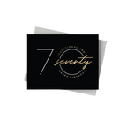 Black gold birthday card with seventy elegant design for 70th birthday from Parte Haus party supply store in Bethesda Maryland