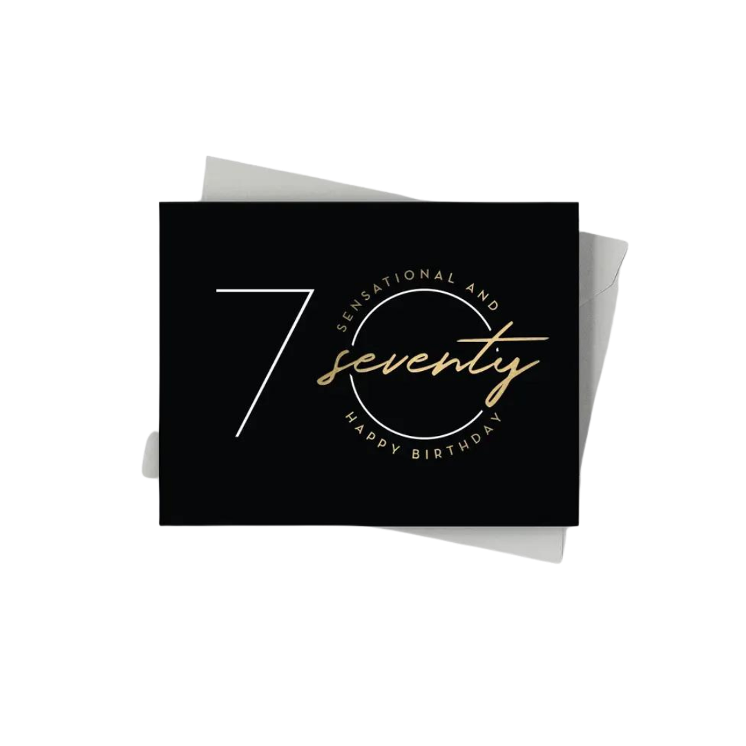 Black gold birthday card with seventy elegant design for 70th birthday from Parte Haus party supply store in Bethesda Maryland